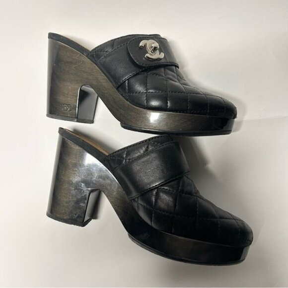 Chanel Black Clog Quilted Mule Leather Turn Lock Size 37.5 - Picture 4 of 14